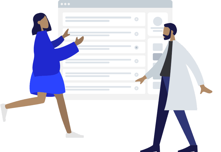 Two illustrated characters looking at non-descript form website.